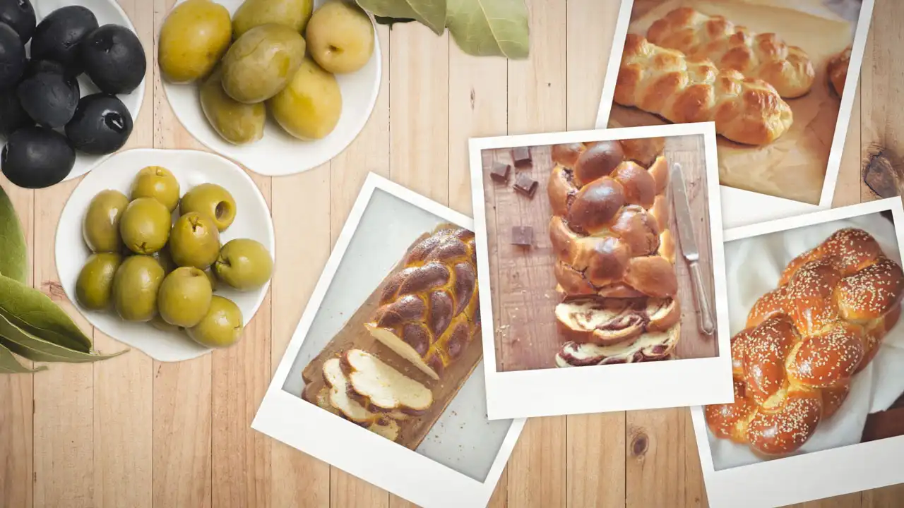 Mesa con aceitunas y fotos de challah, jalá o pan trenzado